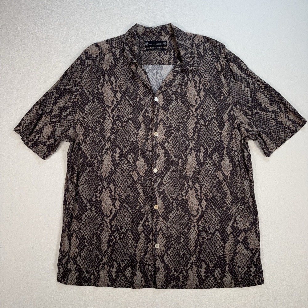 AllSaints Rattle Shirt Men's L Brown Snake Skin Relaxed Fit Viscose Loop Collar